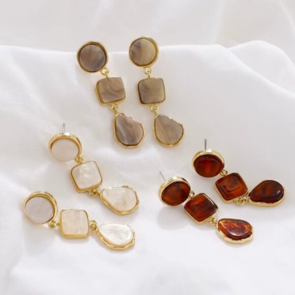 Vintage Retro French Enamel Resin Drop Earrings Boho Fashion Jewelry, Cream - Picture 2 of 2